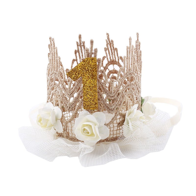June Bloomy Baby Golden Lace Rose Flower Crown 1st Birthday Headband Princess Tiara (Ivory)